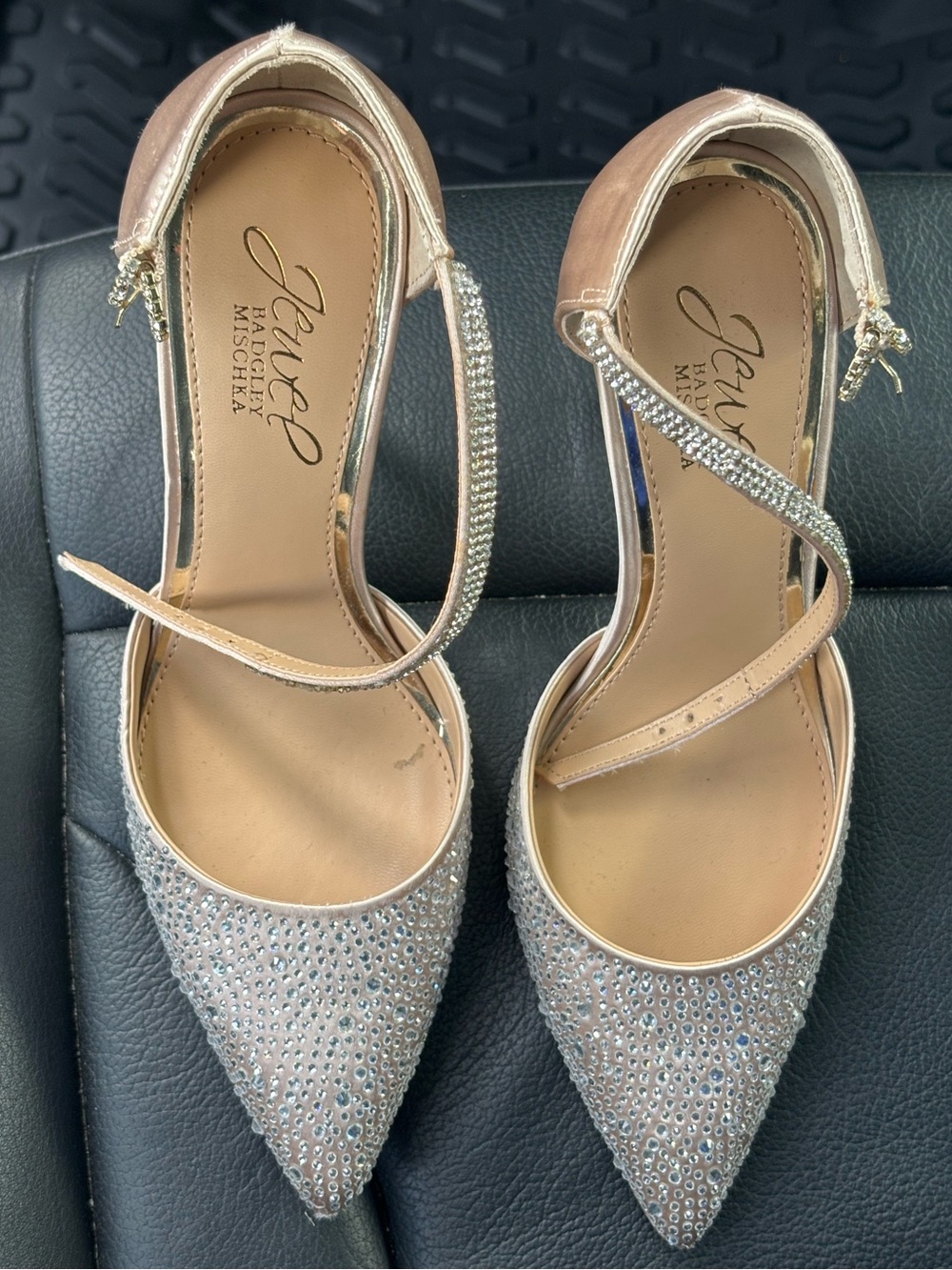 Badgley Mischka Champagne and Silver Crystal Pointed-Toe Ankle-Strap Flats